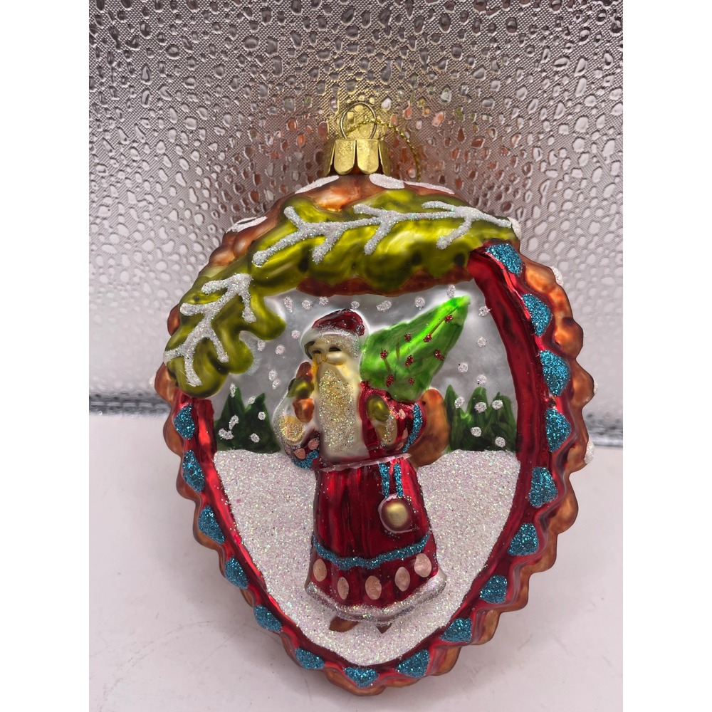 Glass Santa Christmas Ornament Pinecone Shape Red Coat Green Tree Glitter